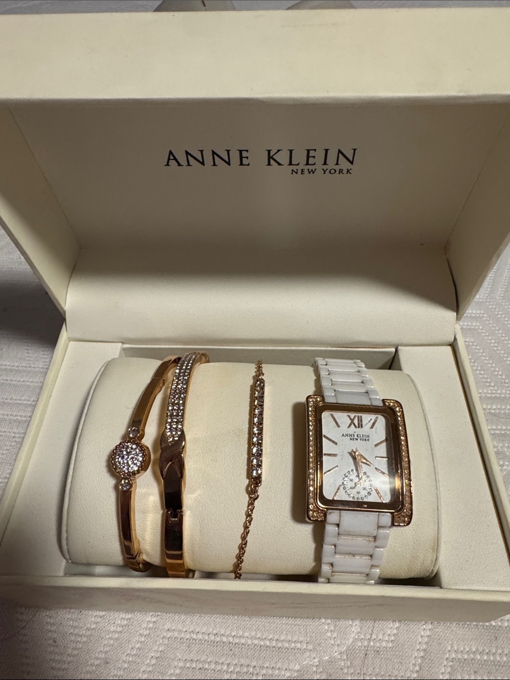 Anne Klein White Ceramic and Rose Gold Tone Watch with Bracelet Trio